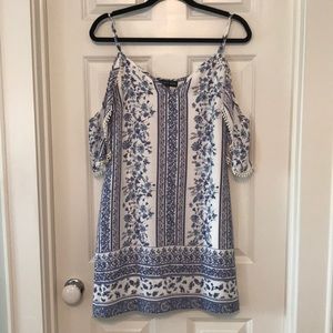 Blue and White Cold Shoulder Mini Dress